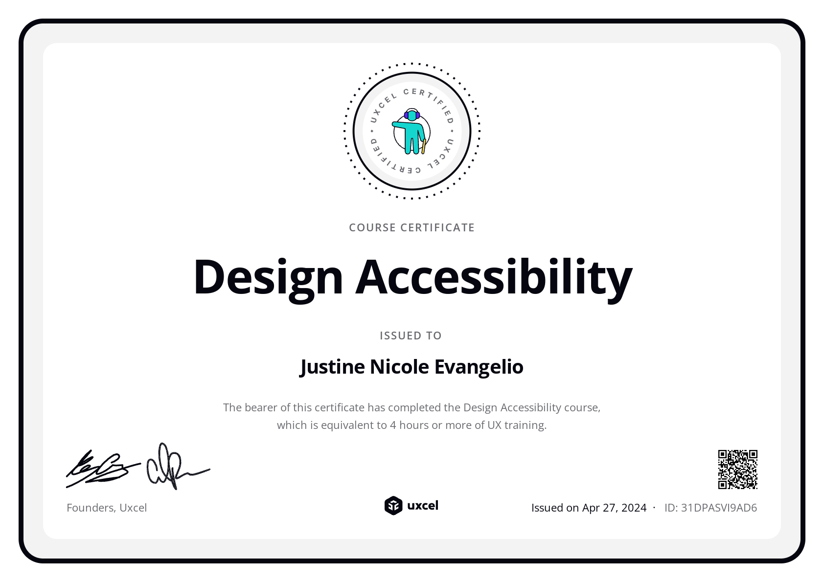 Justine Nicole Evangelio's certificate